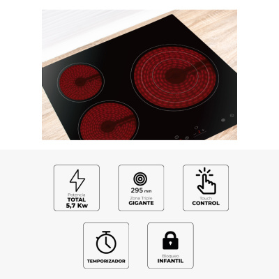 Vitrocerámica 60 cm 3 zonas de cocinado